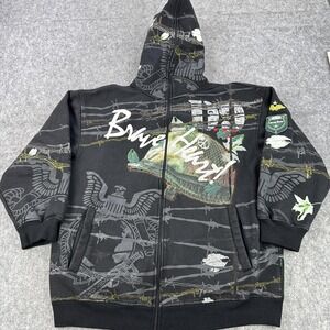 Akcess Hoodie Black Brave Heart Graphic Full Zip Sweatshirt Streetwear Hip Hop